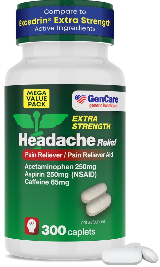 GenCare - Hoofdpijn Acetaminofen met Aspirine (NSAID) & Cafeïne (300 Capletes) Waarde Pack 