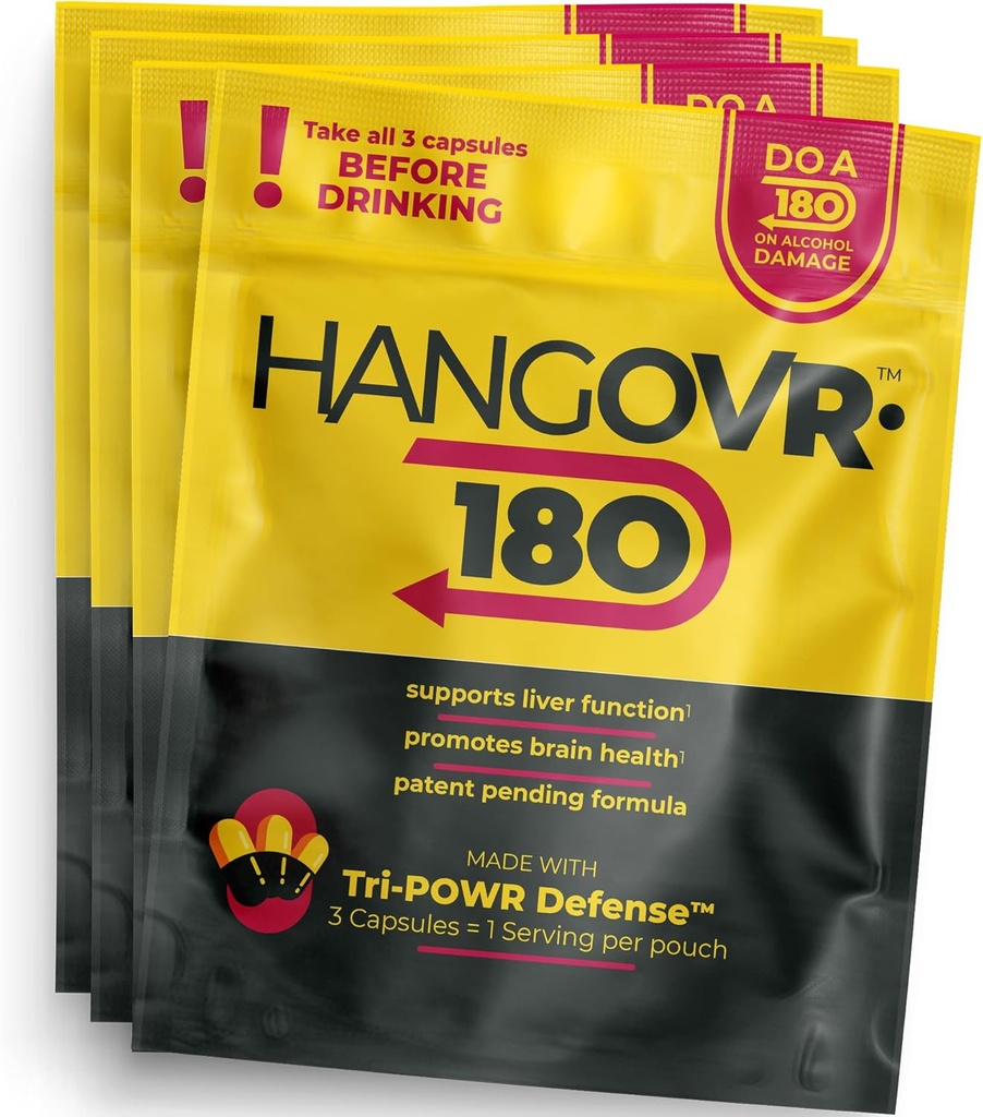 Hangovr 180 Tri-Power voordat Drinken Defense 4 Pack - Ondersteuning van lever en hersenen gezondheid, voelen frisser en betere energie - - Neem voor het drinken voor verlichting, 3 capsules per zak