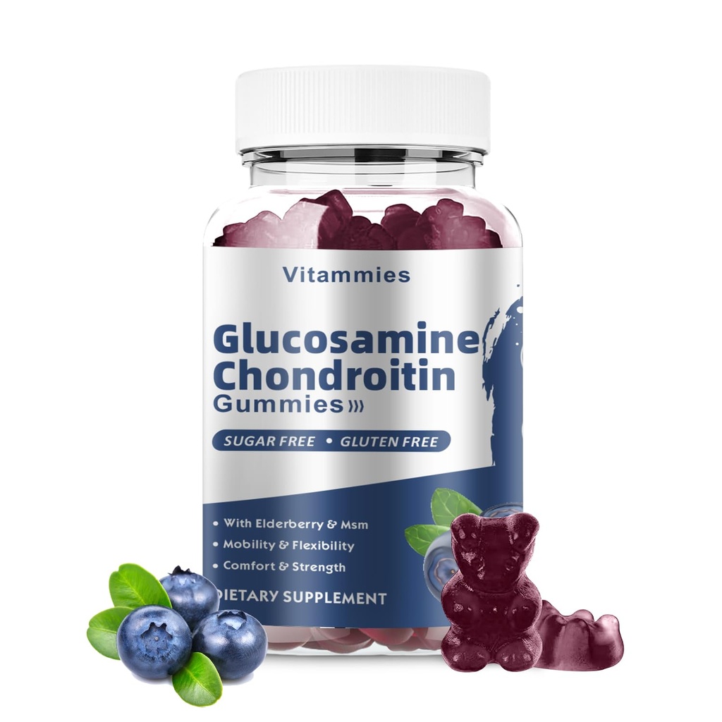 Glucosamine Chondroïtine Gummies met MSM & Vlierbes Extra sterkte - Gezamenlijke ondersteuning, Antioxidant Immuun Ondersteuning Supplement voor volwassenen, mannen en vrouwen mineralen, co-enzym Q10, DHA- 60 Blueberry Gummies