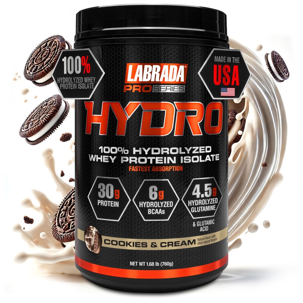 Labrada Hydro 100% Pure Hydrolysed Whey Protein Isolate Powder, Sans lactose, 6g BCAA, 4.5g Glutamine, plus rapide Digesting Whey disponible, mélange instantané, goût délicieux 20 portions (Cookies & Cream)