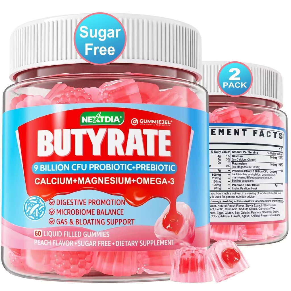 Gommies de Butyrate avec Probiotique + Prébiotique + Postbiotique, Omega-3 500mg,9 Million CFU Probiotiques avec Fibre, Calcium et Magnésium, Inuline, Psylium Husk pour la santé digestive, Soutien flottant, Sans sucre
