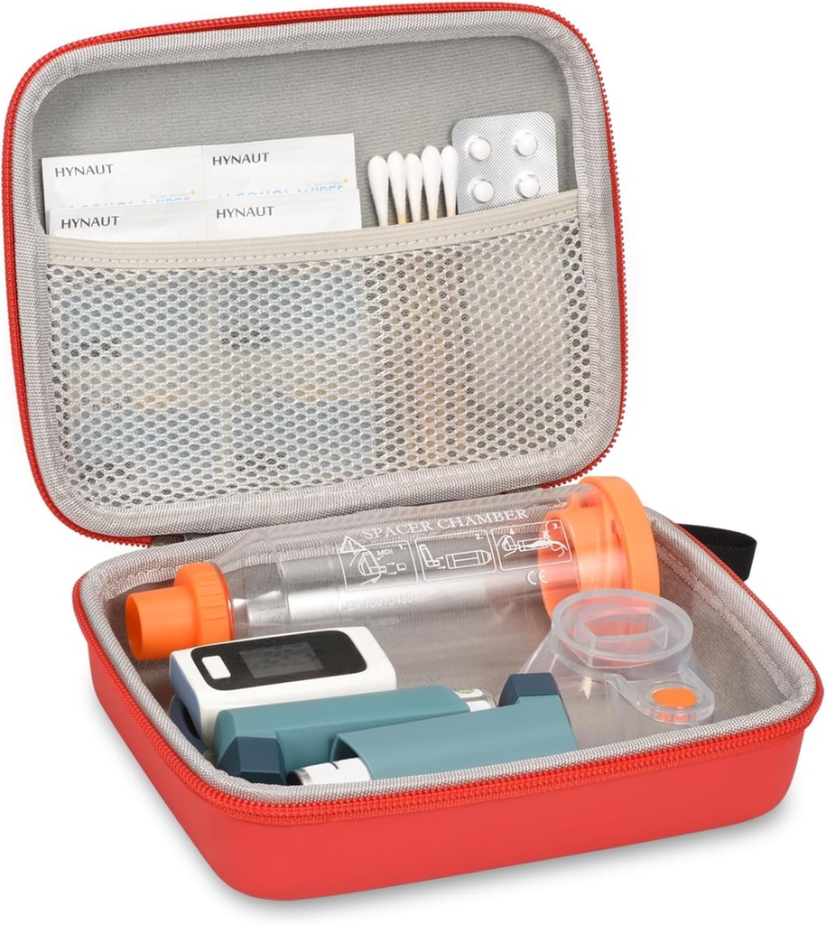 Cas de voyage dur pour l'inhalateur d'asthme et accessoires, avec Mesh Pocket pour la médecine, Rouge
