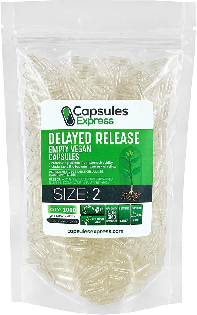 XPRS Nutra Vertraagde Release Maat 2 Lege Capsules - 1000 Graaf Heldere Lege Vegan Capsules - Vegetarische Pillen - DIY plantaardige Capsule vullen - Vulbare Veggie Gel Caps voor Do-It-Yourself Supplementen