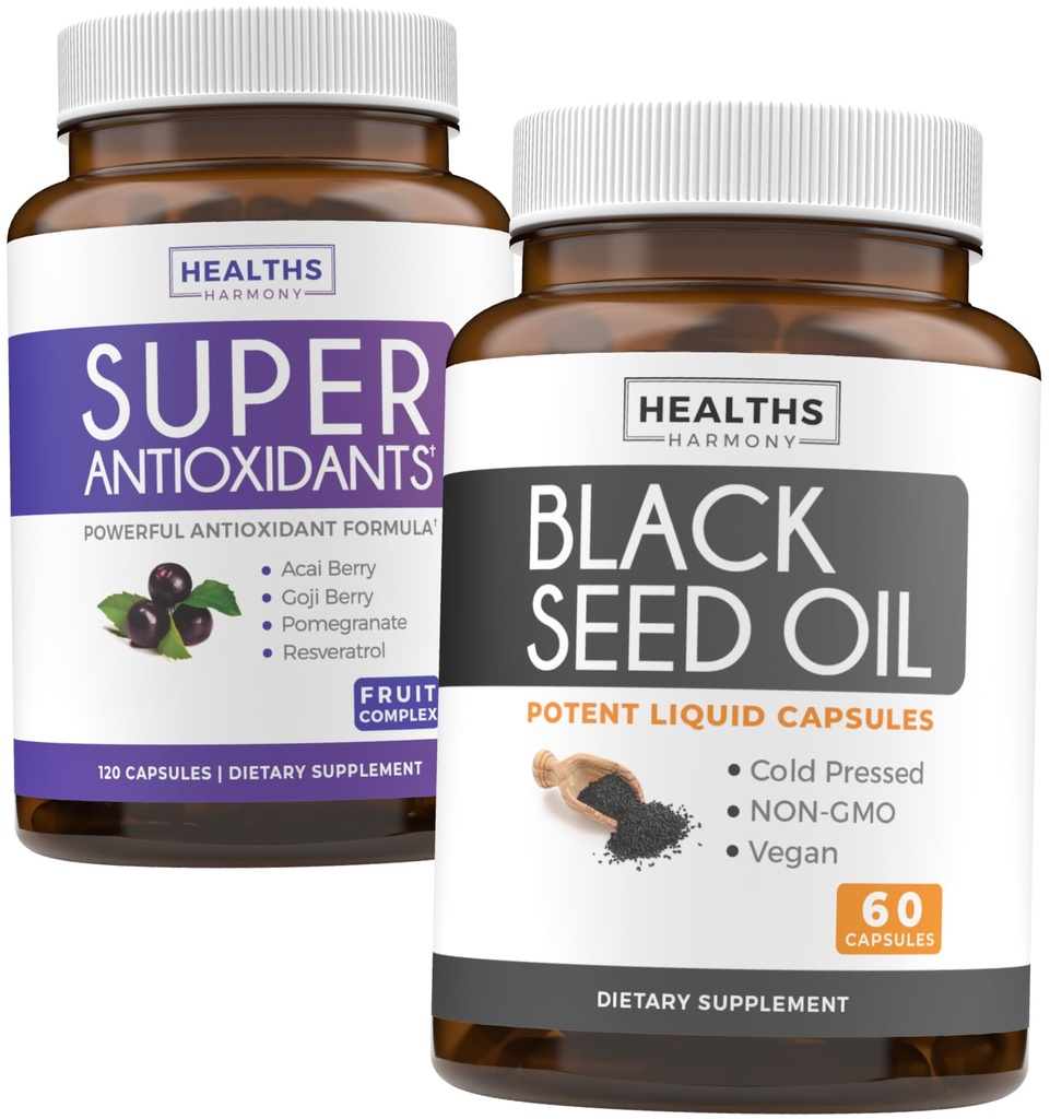 Antioxydants et huile de graine noire (1 mois d'approvisionnement) Super supplément antioxydant avec baie d'açai, baie Goji, grenade et résvératrol trans (120 capsules) et huile de graine noire (non OGM et végétalien) 60 capsules
