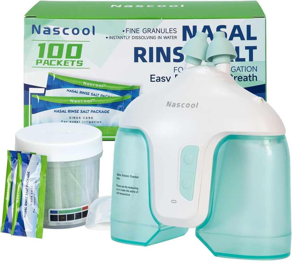 Elektrische neus Irrigatiesysteem met 150 zoutpakketten, 2 Modi Neusreiniger met zelfreinigende en automatische afvalinzameling functie voor Sinus Relief Runny Neus, neuscongestie