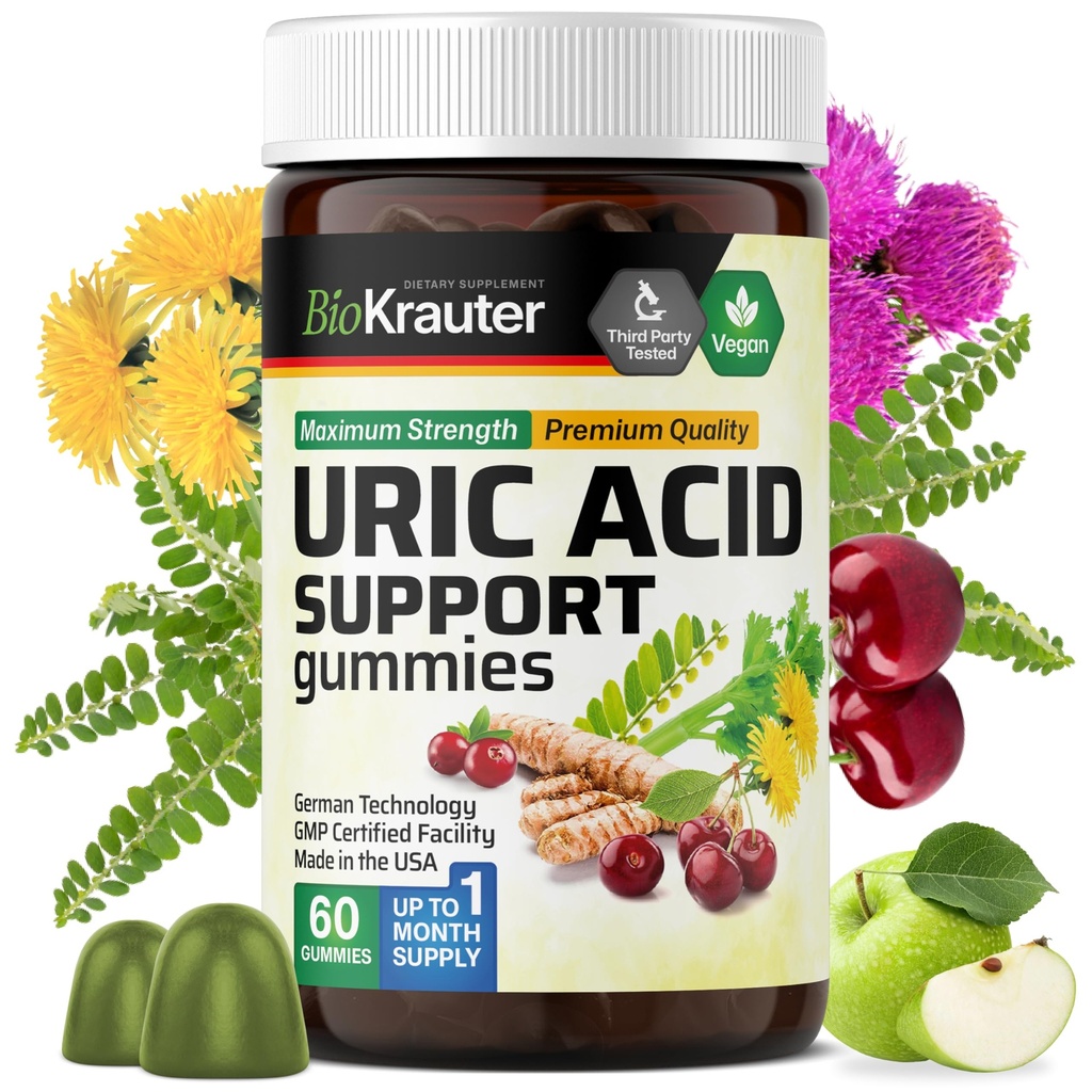 BIO KRAUTER Uric Acid Support Gummies - 60 Vegan Kauwen - Uric Acid Support w/Tart Cherry & Chanca Piedra 4:1 Extracten - Natuurlijke Nier Supplement w/Milk Thistle en Kurkuma