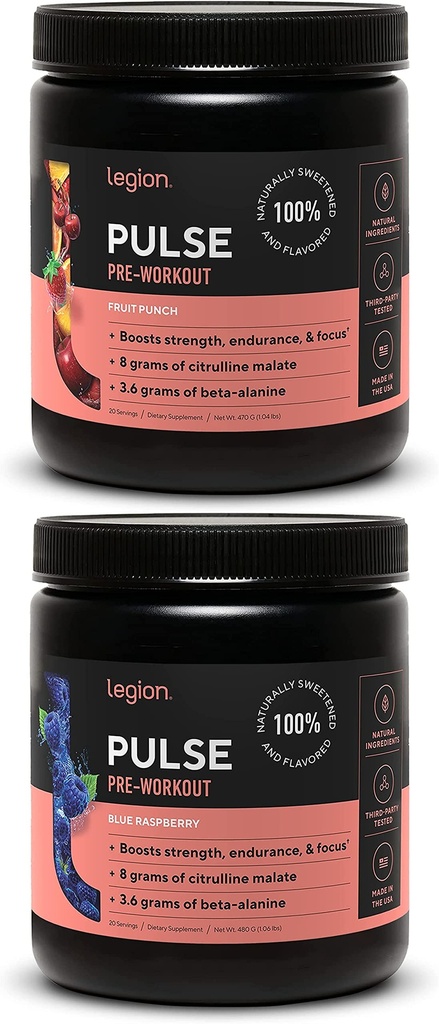 LEGION Pulse Pre Workout Supplement - Alle natuurlijke Nitrik Oxide Preworkout Drink om energie te stimuleren, Creatine Free, natuurlijk zoet, Beta Alanine, Citrulline, Alpha GPC (Fruit Punch & Blue Raspberry)