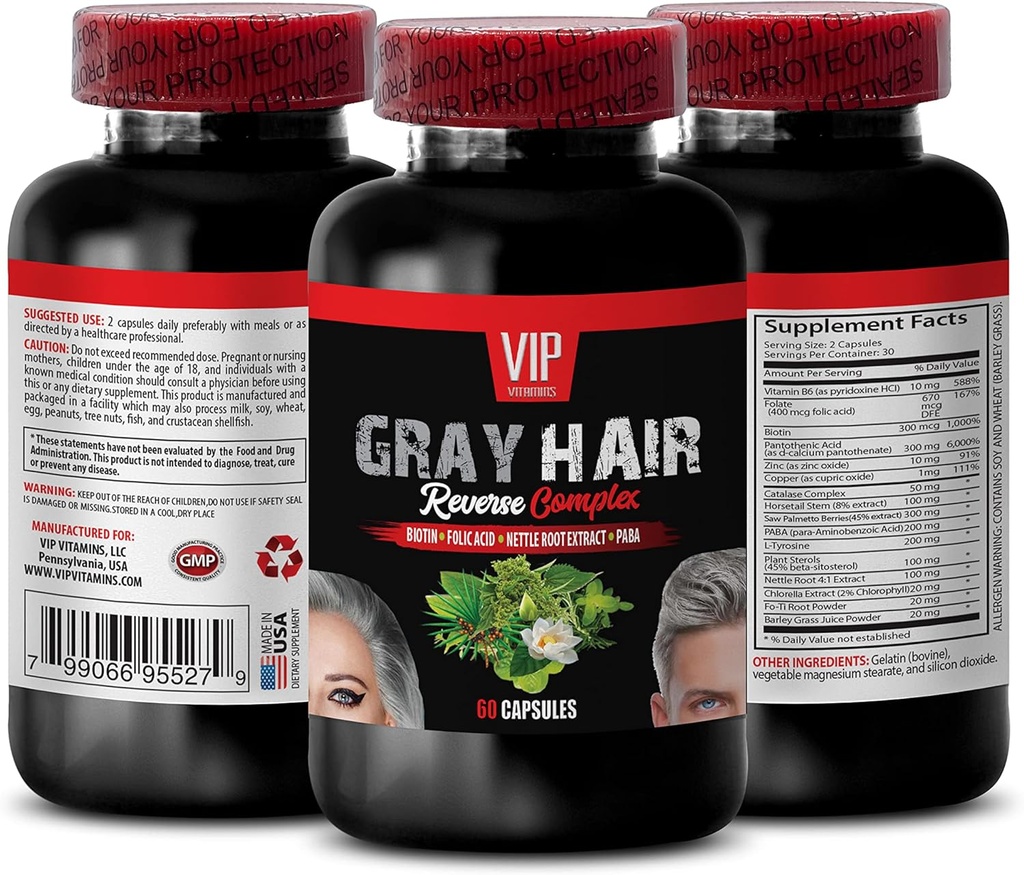 Perte de cheveux pour les hommes - Complexe de revers de cheveux gris - Solution naturelle - Résultats puissants, zinc Vitamines capillaires, supplément de biotine, paba, suppléments de biotine pour cheveux et ongles, Vitamines capillaires grises, 1B 60 Caps
