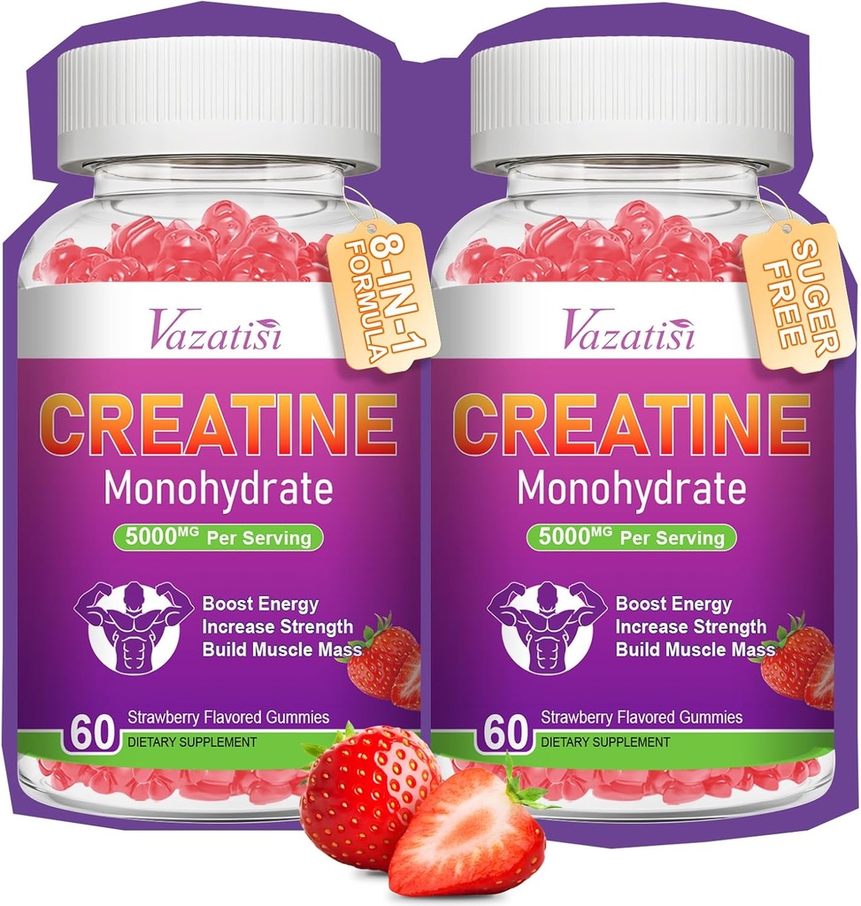 2 Pack Creatine Monohydraat Gummy's voor vrouwen en mannen, Suikervrije Vegan Creatine Supplement voor Build Muscles, Verhoog energie en kracht, natuurlijke aardbeien smaak, 120 Tellen