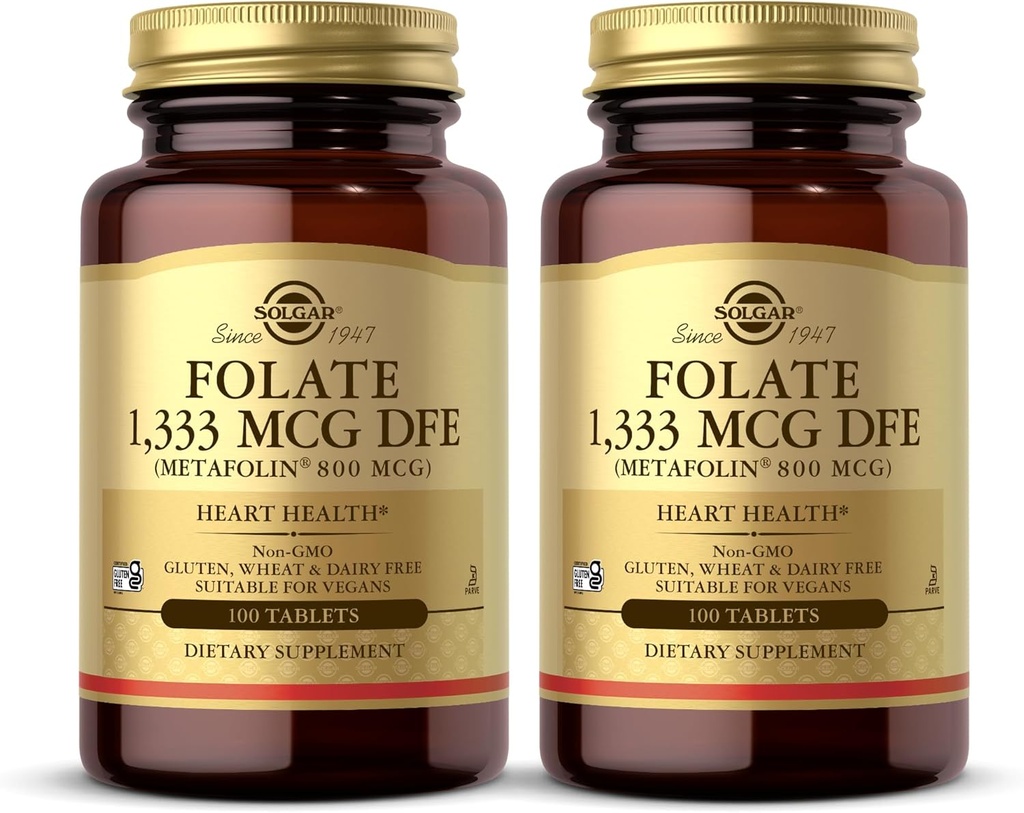 Solgar Folate 1.333 mcg DFE (Metafolin 800 mcg) - 100 tabletten, Verpakking van 2 - Prenatale vitamine - Non-GMO, Glutenvrij, Zuivelvrij, Kosjer - 200 Totaal porties