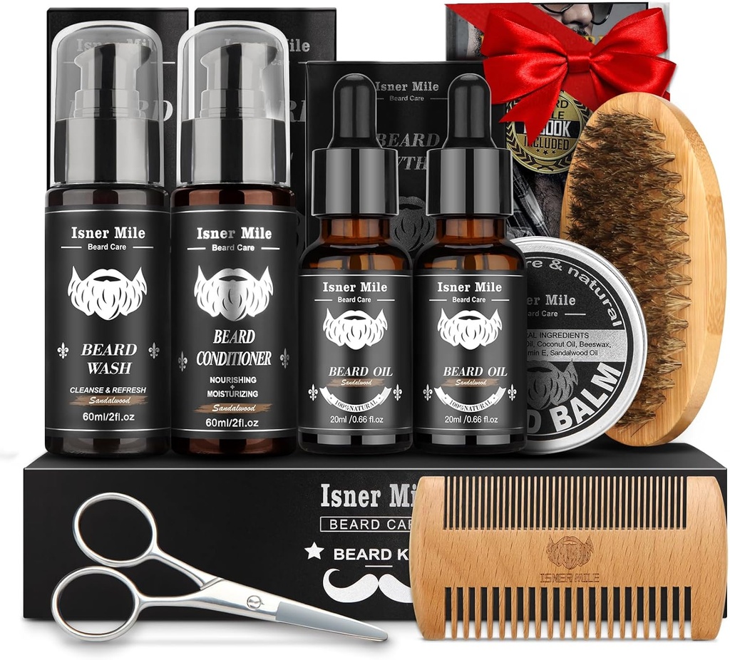 Baard Kit voor mannen Grooming & Care: met 2 Pack Baard Oliën en Balen - Was & Conditioner voor After Shave Lotions Sandalwood, Borstel en Comb Sets met Schaar, Valentijnsvader Cadeaus voor vader/mannen/Him
