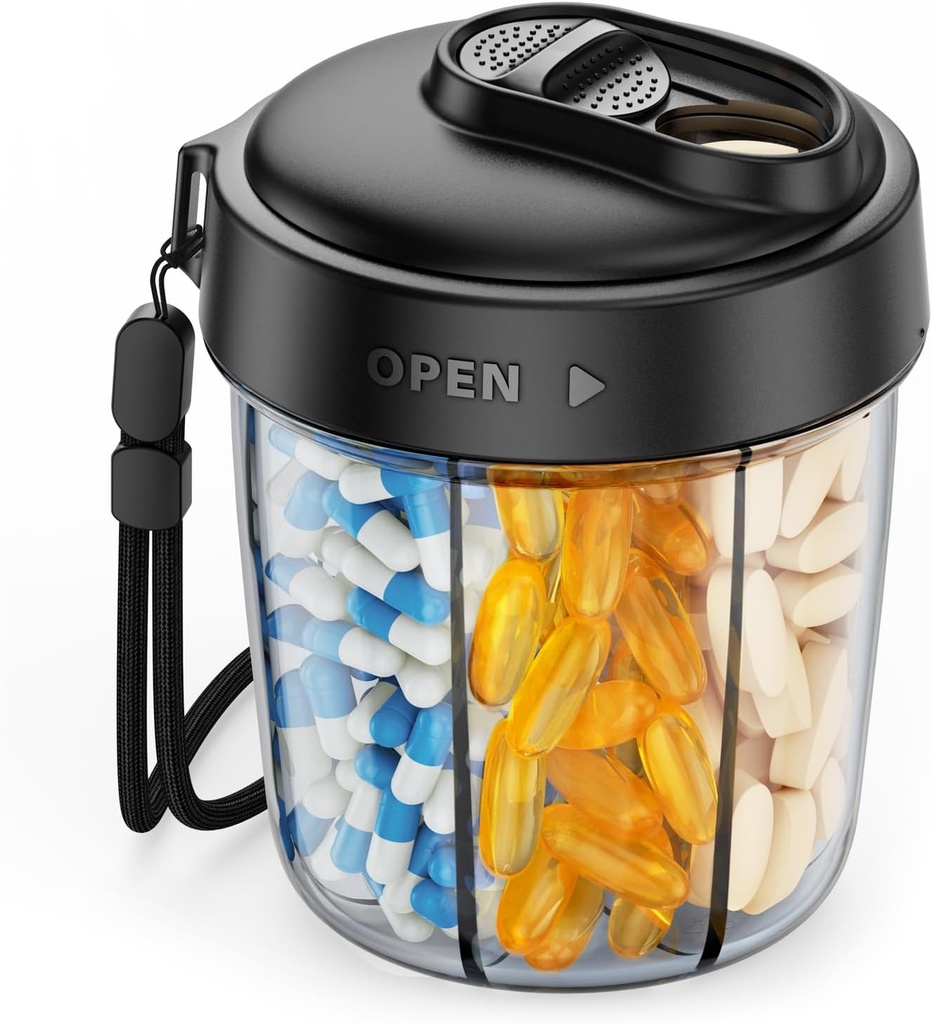 AUVON Grand distributeur de pilules pour stocker 7 compléments divers, organisateur de pilules de voyage avec conception anti-Mix, bouteille de pilule avec large ouverture et glissière facile à utiliser, comprend 20 stickers blanc, noir