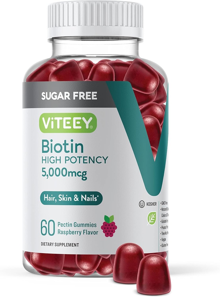 VITEEY Gommies de biotine pour cheveux, peau et ongles 5 000mcg - sans sucre - Gommies de croissance des cheveux, peau saine Glow, forte croissance saine des ongles - végétalien, sans gluten, sans gélatine, sans framboises à croquer