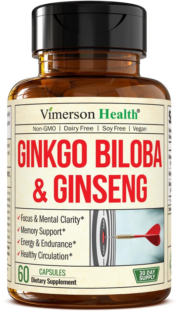 Suppléments asiatiques Ginseng et Ginkgo Biloba – Extrait Panax Ginseng 700mg + Ginko Biloba 720mg – Supplément Cerveau Nootropique pour mémoire, focus et énergie soutenue – 60 Capsules faciles à avaler
