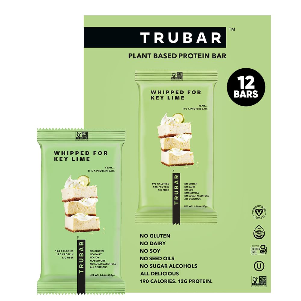 TRUBAR Barre de protéines végétaliennes, fouettée pour la chaux clé, sans gluten, à base de plantes, haute fibre, sans lait, faible teneur en gras, non OGM, sans alcools de sucre, 12G Protéines maigres, 13G fibre, barres de snack santé, 12 CT