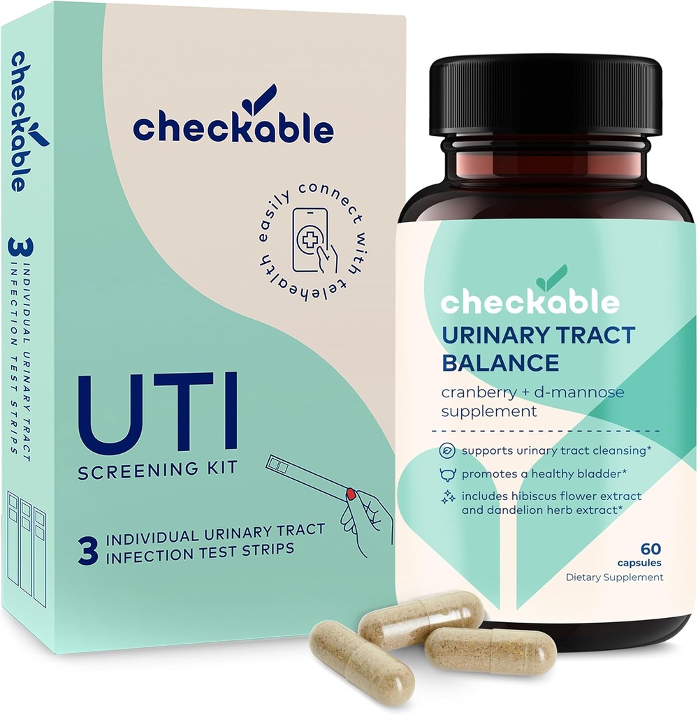 Checkable® urinetrekinfectie Screening Strips (3ct) en Checkable D-Mannose UTI Supplementen (60ct) Combo Pack