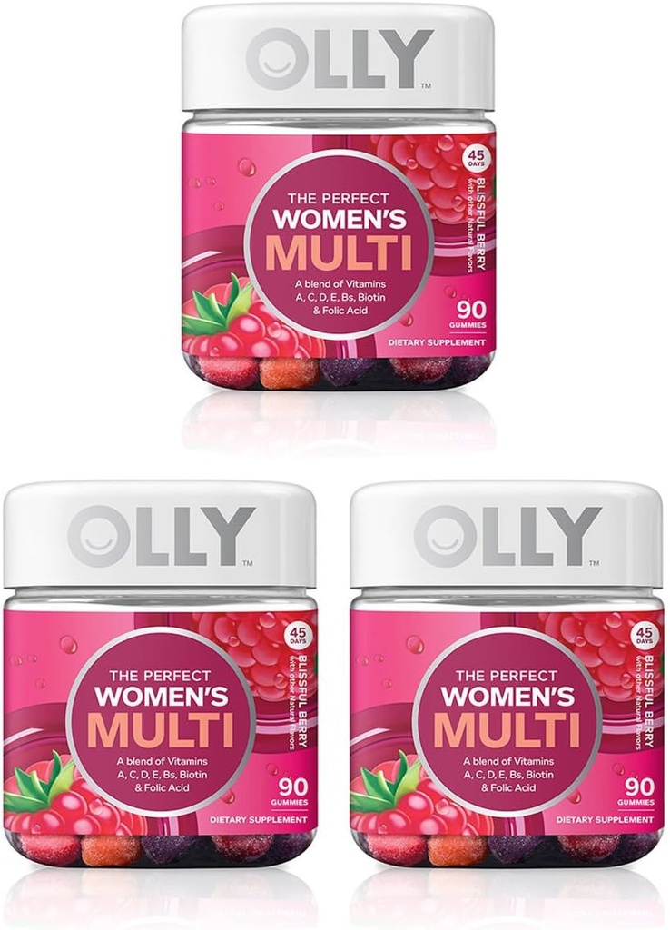 Olly Perfect Women's Multivitamin Gummy Supplement, with Biotin & Folic Acid, Blissful Berry, 90 count (45 Day Supply), 3 Pack