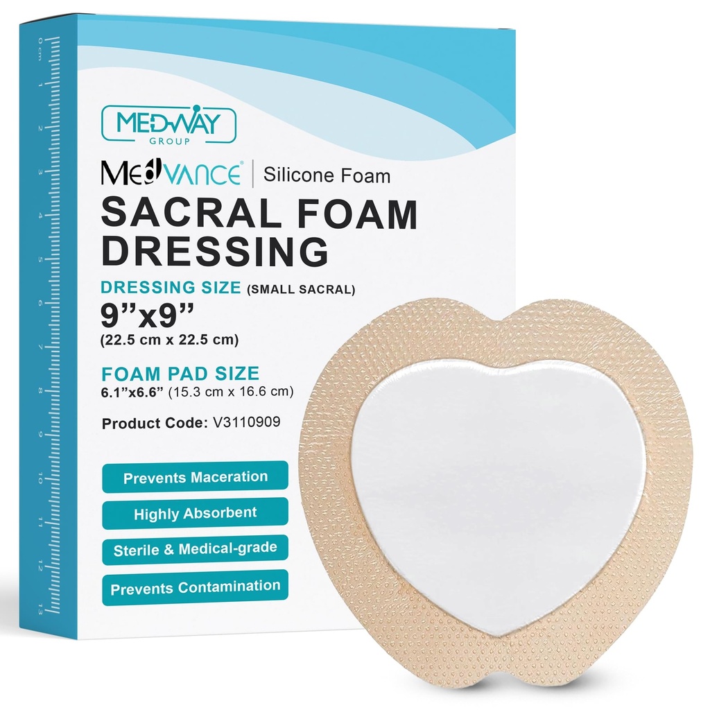 MedVance TM Siliconen - Sacral Bordered Siliconenlijm Foam Wound Dressing, Bed Sore Treatment Bandage voor Sacrum, Maat 9"x 9" (6.1" Pad x 6.6" Pad), Doos met 5 dressings