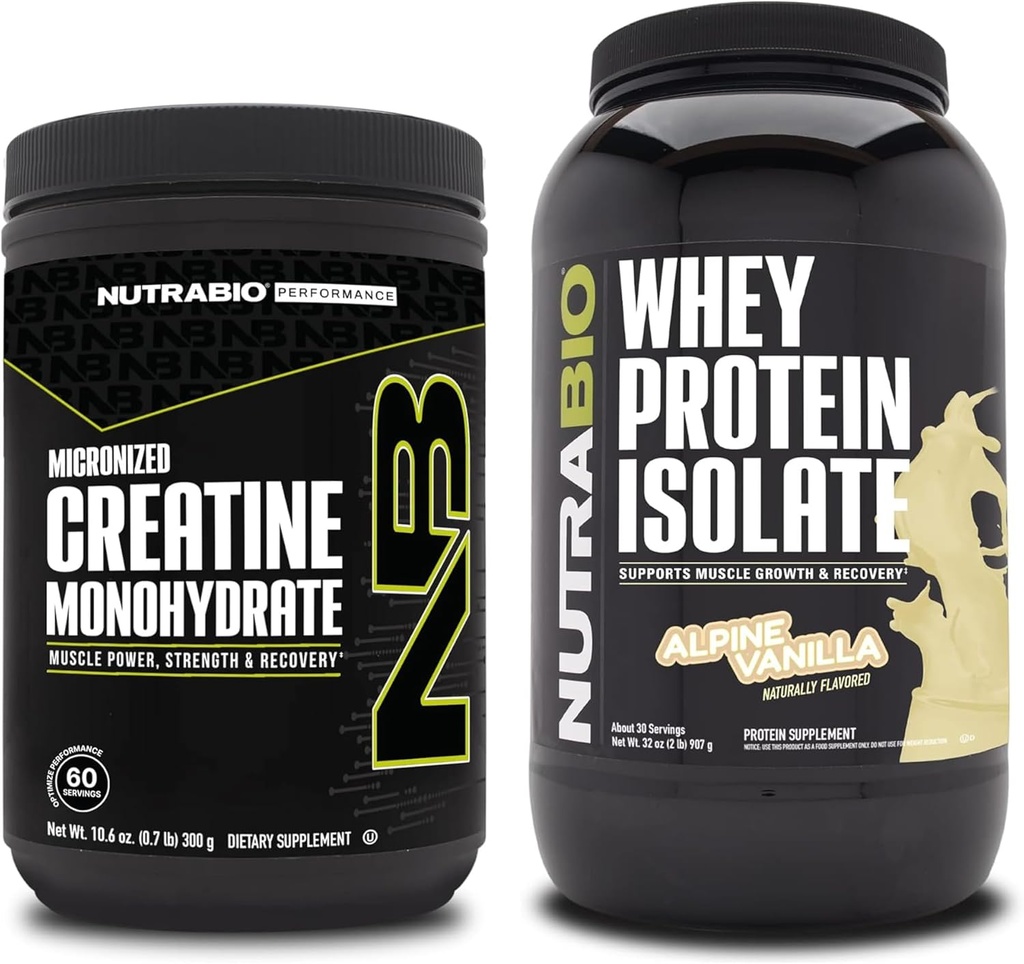 NutraBio Créatine monohydratée, non aromatisée, 300g et Isolate de protéines de lactosérum, Vanille alpine, supplément - Énergie musculaire, croissance musculaire maigre, récupération et force