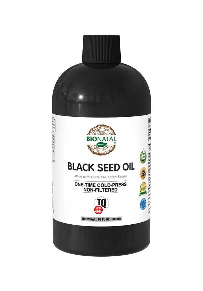 BioNatal Huile de graines noire éthiopienne 16 oz PET/Bouteille plastique – Nigella Sativa pressée à froid, huile de graines de cumin noire, non raffinée et non-fermée, haute TQ Jusqu'à 4,64 % – Supporte le système immunitaire, digestif