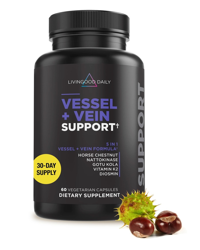 Livingood Daily Vein Support, Circulation & Vein Support Supplément avec Diosmin, Cheval Chestnut, Nattokinase, Gotu Kola & Vitamine K2, formule de santé vasculaire et veinière, sans gluten, 60 capsules