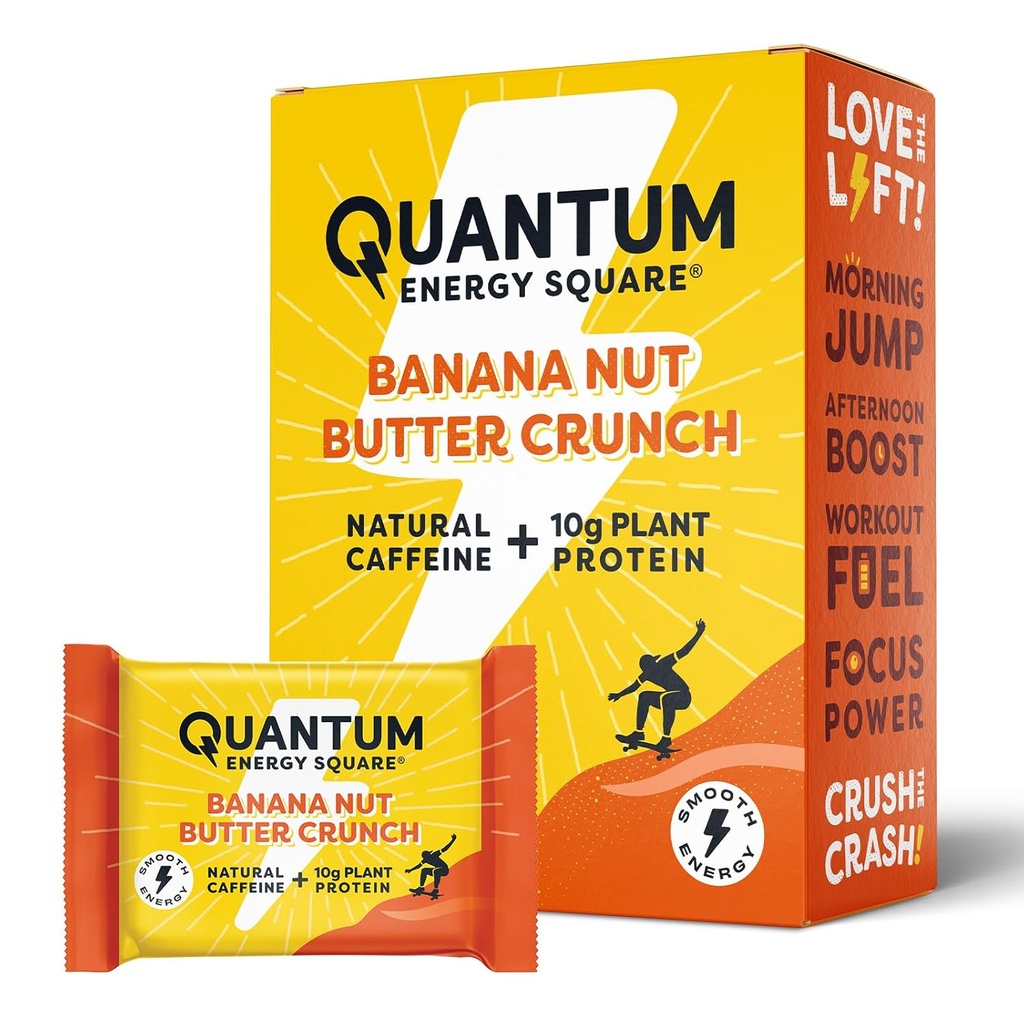 Quantum Energy Square: Energy Bar met Cafeïne & 10g proteïne. Delicious Healthy Snack On The Go. (Veganist, Glutenvrij, Sojavrij, Melkvrij) - Banana Not Butter Crunch 8Pk