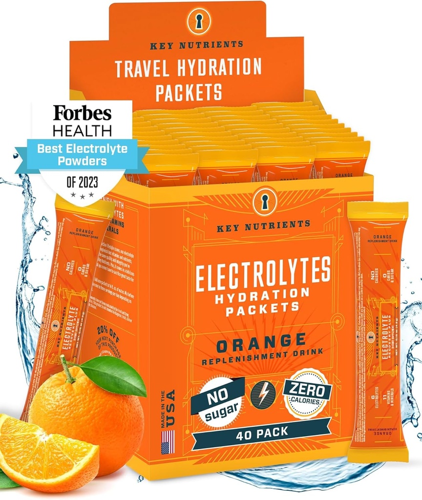 KEY NUTRIËNTEN Elektrolyten Poederverpakkingen - Tangy Orange 40 Pack Hydration Packets - Travel Hydration Powder - Made in USA - No Sugar, No Calories, Glutenvrij