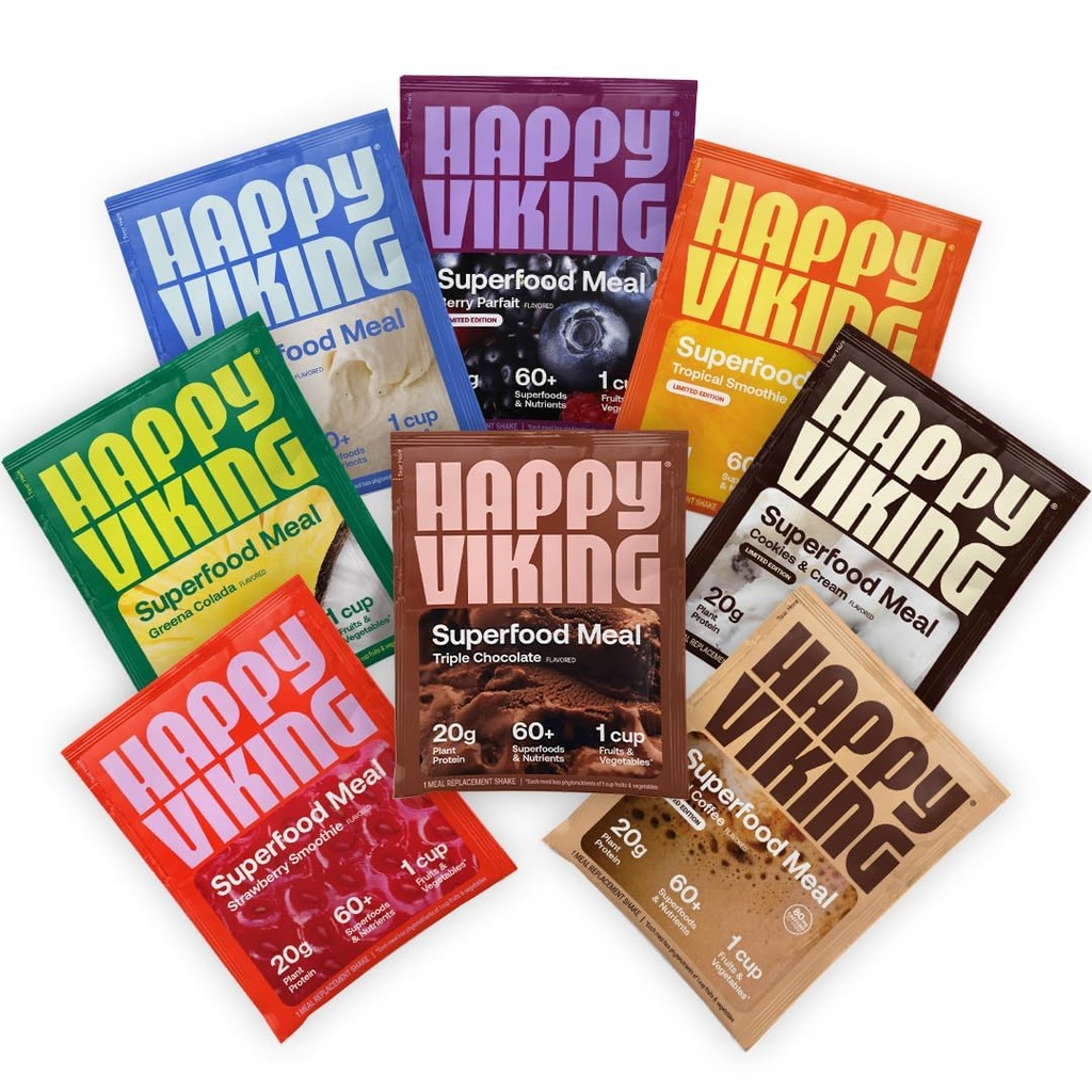 Happy Viking Variety Pack poudre de protéines végétales, créé par Vénus Williams, 20G protéines, faible teneur en glucides, kéto, végétalien, sans gluten, non-OGM, superaliments, remplacement complet des repas, 8 boîtes à portion unique