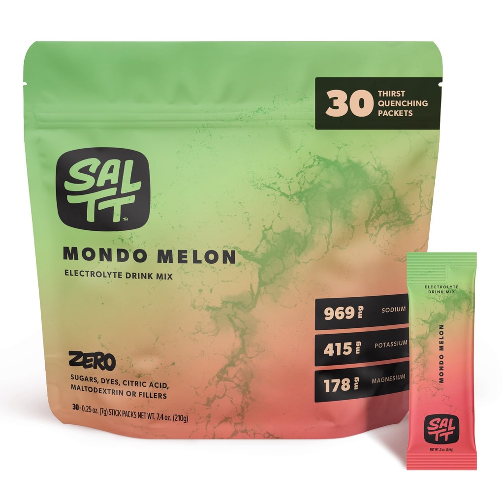 SALTT Electrolytes Poeder Gearomatiseerde Drank Mix - Mondo Meloen - 30 Hydration Packets - Magnesium, Kalium, Natrium, Trace Minerals - Zero Sugar & Gluten Free - Reizen Essentials