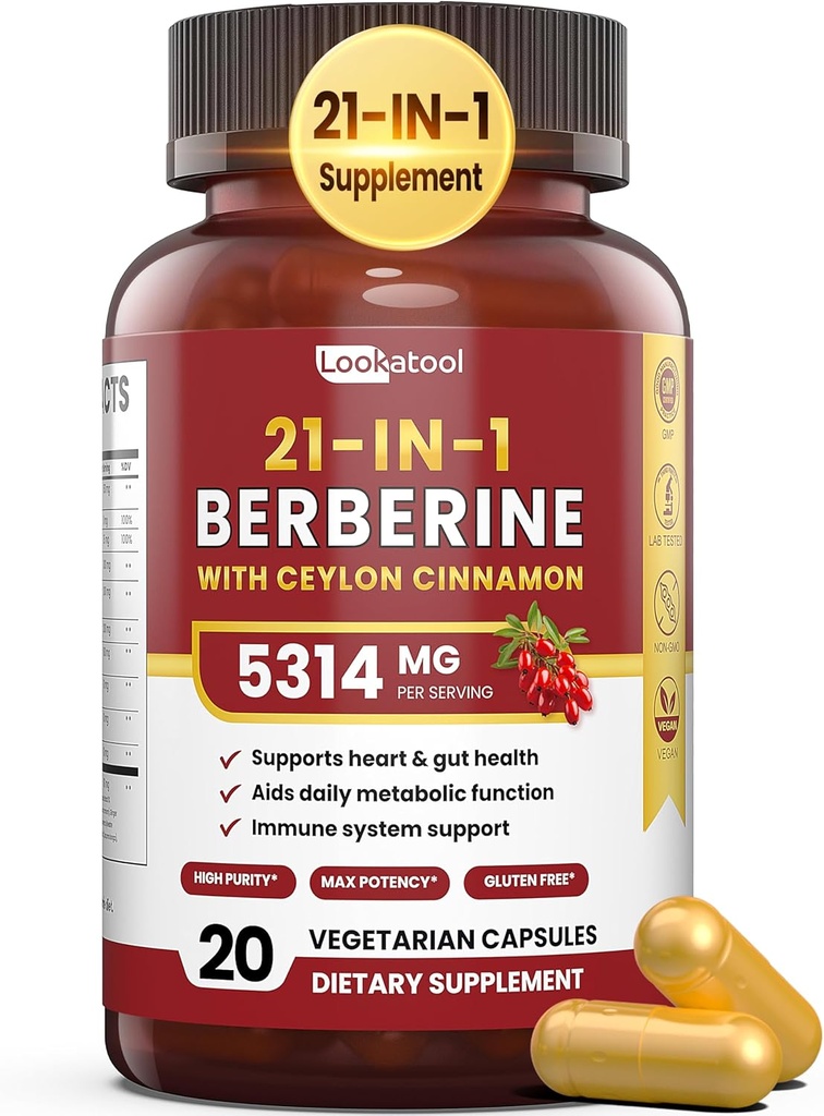 21-in-1 Berberine Supplement met Ceylon Cinnamon - 1500mg Biologische Berberine HCL Phytosoom, 5X Hogere Absorptie voor Metabolisme Ondersteuning 20 Capsules