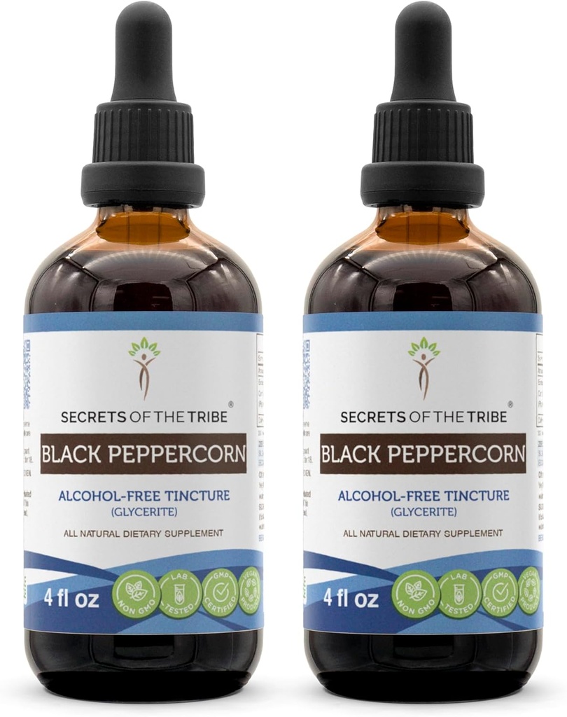 Geheimen van de Stam Black Peppercorn Alcohol-Free Liquid Extract, USDA Biologische Zwarte Peppercorn (Piper nigrum) Tinctuur Supplement (2x4 FL OZ)