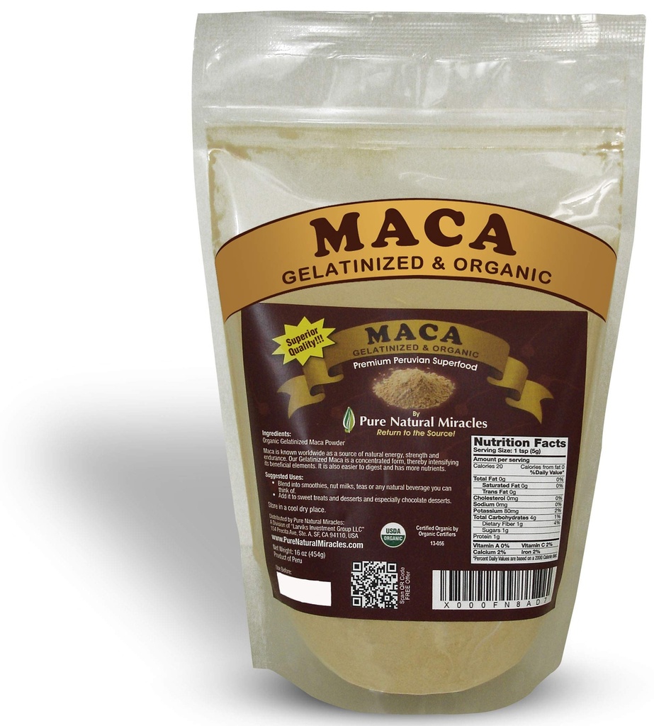 Organic Gelatinized Maca Root Powder (16 oz) - Peruvian Adaptogenic Superfood for Energy, Hormonal Balance & Endurance - Non-GMO, Vegan Herbal Booster for Men & Women