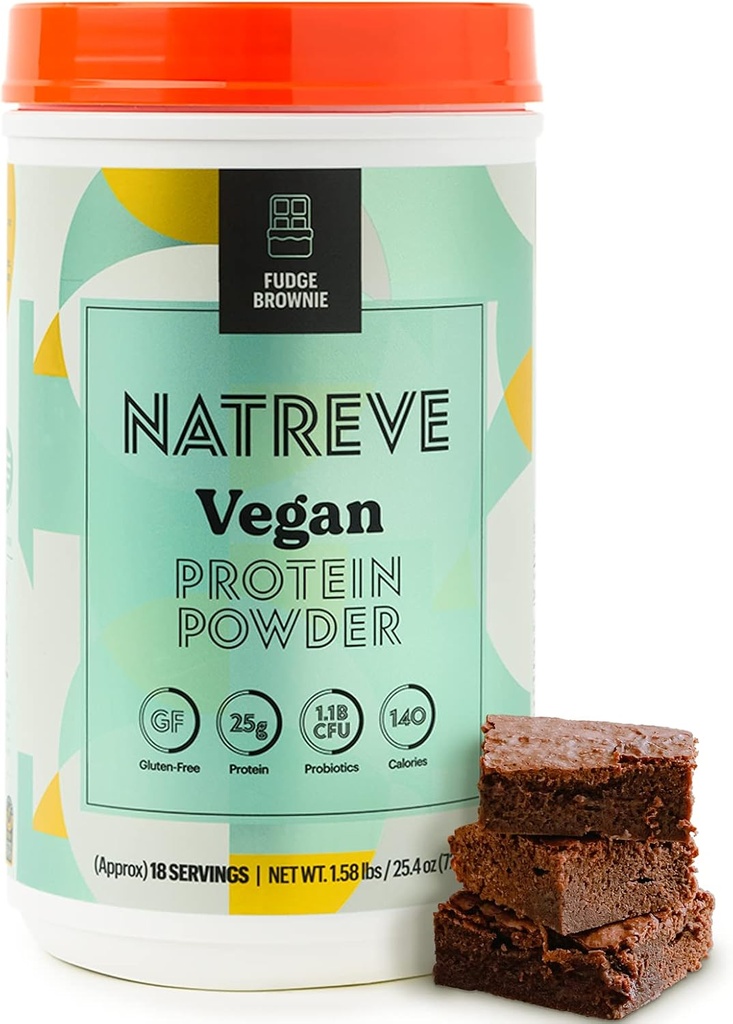 Natreve Vegan Protein Powder - 25g Plant Based Protein Powder with Probiotics and Amino Acids - Glutenvrij Fudge Brownie, 18 Servers