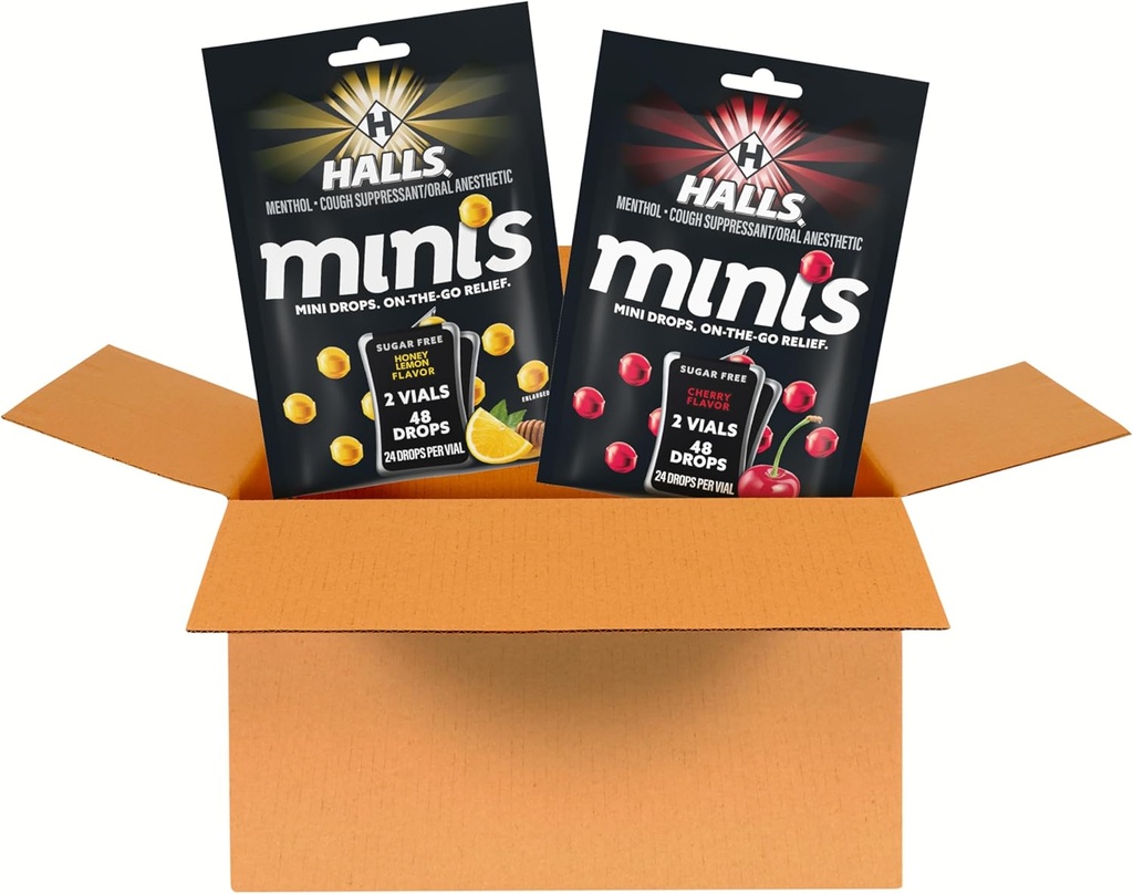 HALLS Minis Cerises et miel Citron sans sucre Boîte de tomates, 2 sacs, 4 paquets (96 gouttes totales)