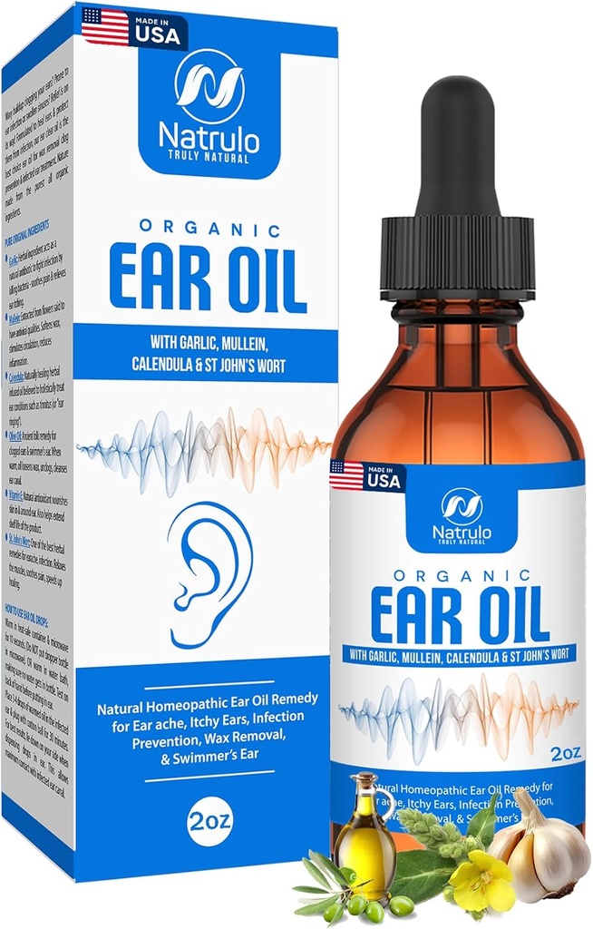 Biologische oorolie voor oorontsteking - Natuurlijke oordruppels voor oorpijnpreventie, Swimmer's Ear & Wax Removal - Kids, Adults, Baby, & Dog Earache Remedy - met Mullein, Knoflook, Calendula Made in USA (2 Oz)