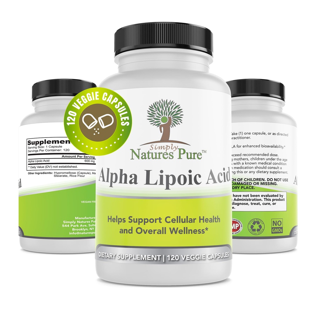 Gewoon de natuur Puur Alpha Lipoïnezuur 600mg 120 Veggie Capsules, Niet-GMO Thiocaat Zuur 4 maanden Levering
