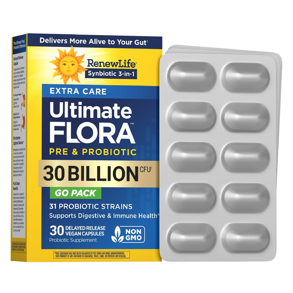 Renouveler Life Extra Care Go-Pack Capsules Probiotiques, Supplément quotidien soutient la santé immunitaire, digestif et respiratoire, L. Rhamnosus GG, Laiterie, Soy et sans gluten, 30 Million CFU, 30 Ct