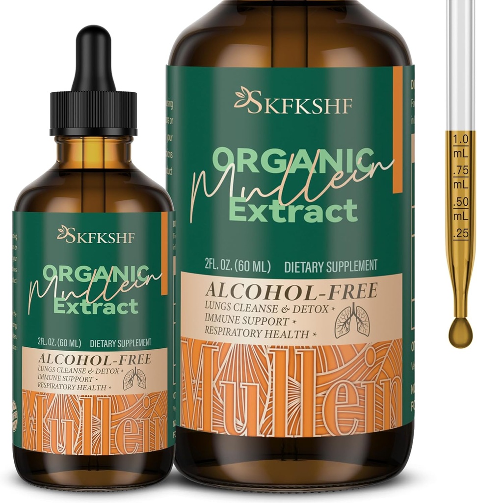 Mullein druppels voor de longen, Mullein blad Herbal Blend Extract, Natuurlijke Longen Ondersteuning Supplement voor Longen Reiniging en ademhaling Lung Health 94