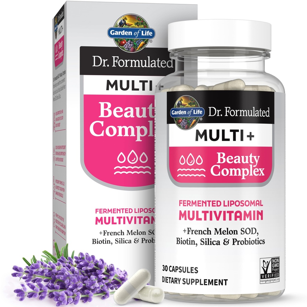 Garden of Life Dr Formulated Multi+ Beauty Complex Fermented Liposomal Multivitamine Plus Hair Skin and Nails Vitamins, French Melon SOD, Biotin & Probiotics, 30 Capsules, Supplement for Women & Men