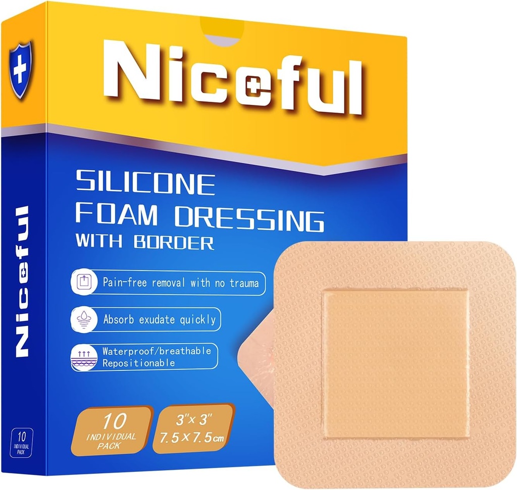 Silicone Foam Dressing 3x3 in (7,5x7.5cm),High Absorbency Bed Sore Bandages Wound Care Dressing,Waterproof Siliconen Bandages voor gevoelige huid Wound Care(10 stuks)