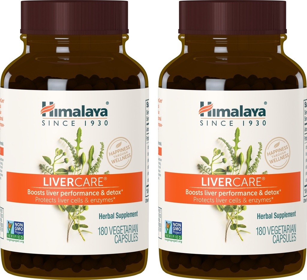 Himalaya LiverCare, 180 jours d'approvisionnement - soutien du foie à base de plantes Promouvoir l'élimination des déchets, le nettoyage du foie, la désintoxication et la production de bile - végétalien, non-OGM, sans gluten, 375 mg, 90 capsules (paquet de 2)