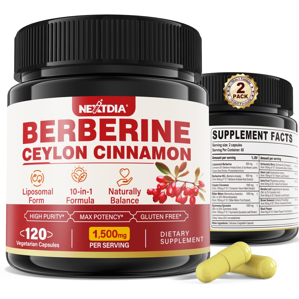 2 Pack 1500mg Liposomal Berberine HCL met Ceylon Cinnamon Bitter Meloen, Organische Berberine Complex Supplementen met Banaanblad, Ondersteunt Immune & Digestie - Vegan 240 Capsules