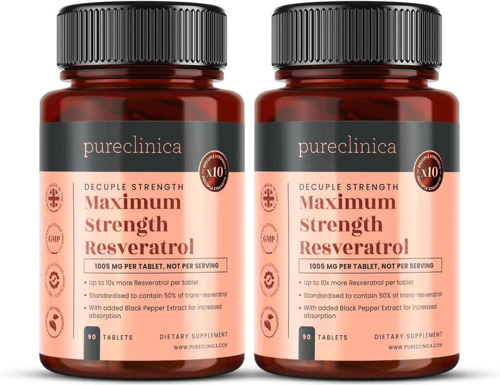 pureclinica 1000mg Resveratrol x 180 tabletten (2 flessen van 90 tabletten Elke - 6 maanden supply). 10 x sterkte en met Black Pepper Extract voor snellere absorptie