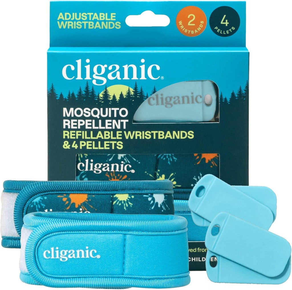 Cliganic Mosquito Afstotend Pack (2 polsbandjes + 4 Refill Pellets) - Verstelbare, natuurlijke DEET-Free, essentiële olie-infused
