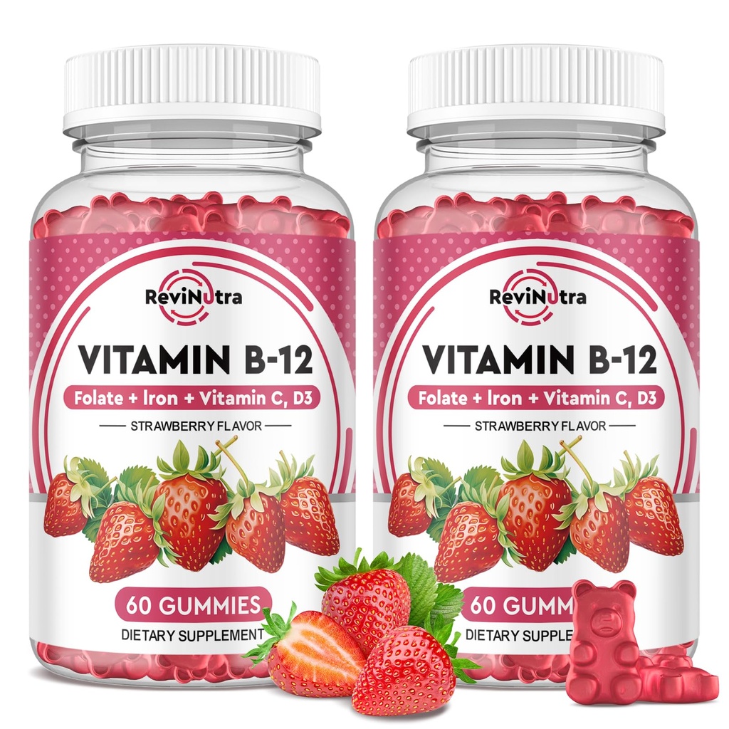 Gommies complexes de vitamine B12 - 5000 mcg de méthylcobalamine avec fer, vitamine C, D3 et folate, soutien énergétique et métabolisme, Immune, B-12 Supplément à croquer pour les hommes et les femmes, goût de fraise, 2 pack