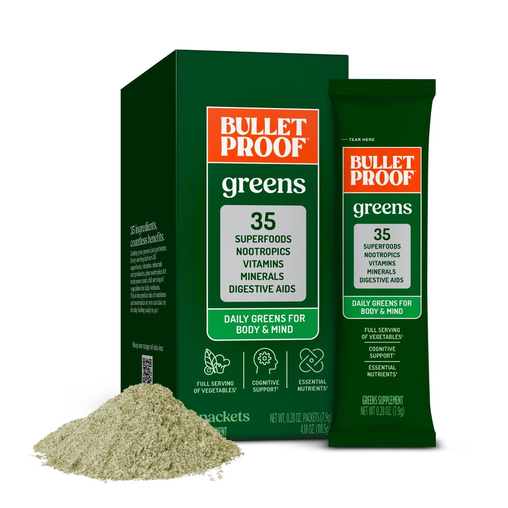 Kogelvrije Greens Packets, 15 Telling, Dagelijkse Groenen Poeder met Superfoods en Nootropics, Volledige Serving van Groenten, Essentiële Nutriënten