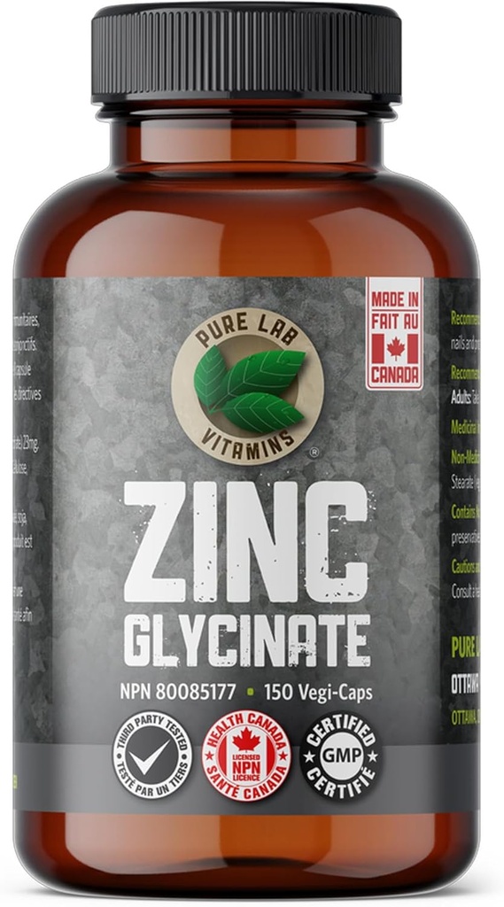 Zink Glycinate 23 mg Supplement - 150 Vegan Caps by Pure Lab Vitaminen - Aminozuur Zout voor gezonde huid & Nails - Ondersteunt het immuunsysteem, Prostaat, Visie - Made in Canada