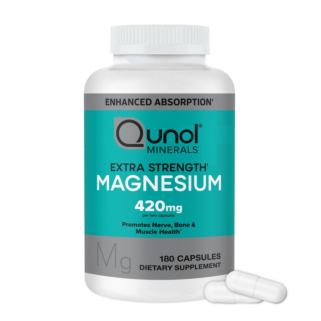 Qunol Magnésium Capsules 420mg, 100% DV, Supplément de Magnésium à haute absorption, Extra Force, Supplément Santé des os et des muscles, 180 Nombre
