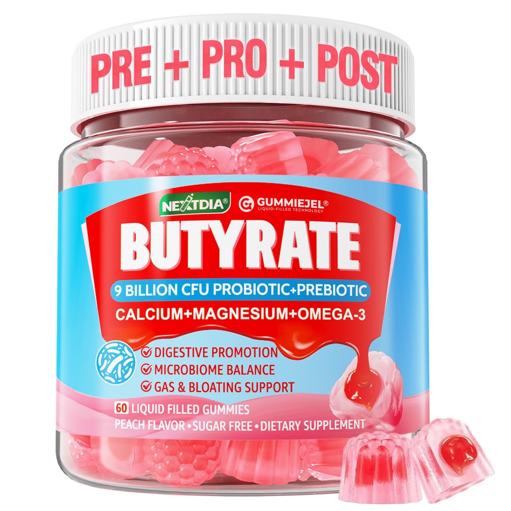 Butyrate Gummies with Probiotic + Prebiotic + Postbiotic, Omega-3 500mg,Fiber with 9 Miljard CFU Probiotics, Calcium & Magnesium, Inulin,Psyllium Husk for Digestive Health,Bloating Support, Sugar Free