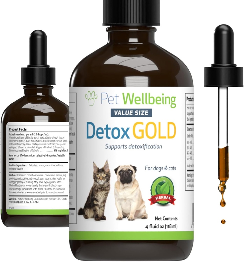 Pet Wellbeing Detox Gold for Dogs & Cats - Gentle Detoxification & Elimination Support, Immuun System Care, Brandnetel, Gezegende Thistle - Veterinair-geformuleerd kruidensupplement 4 oz (118 ml)